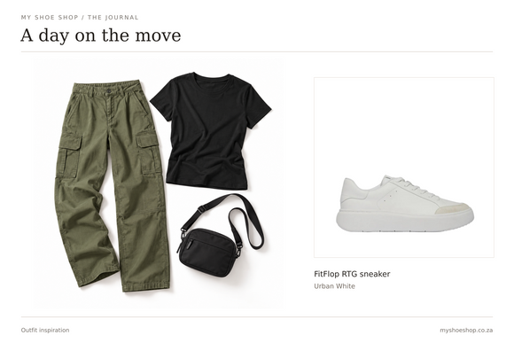 FitFlop RTG Urban White sneaker with olive cargo trousers, a black T-shirt and crossbody bag