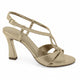 Via Veneto gold metallic leather heel sandal with crisscross front straps and adjustable ankle strap.