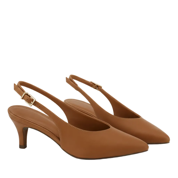A pair of tan slingback kitten heels with pointed toes and a small gold buckle on the ankle strap, shown on a clean white background.