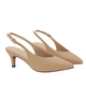 A pair of beige pointed-toe slingback pumps with a mid-height kitten heel and a small gold buckle on the ankle strap, shown on a clean white background.