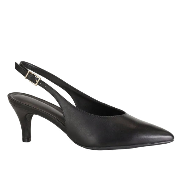 A single black leather slingback pump with a pointed toe and kitten heel, shown from a side profile on a clean white background with a soft reflection.