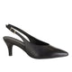 A single black leather slingback pump with a pointed toe and kitten heel, shown from a side profile on a clean white background with a soft reflection.