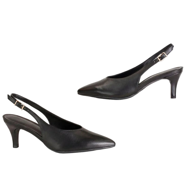 A pair of black leather slingback kitten heels with pointed toes and gold-tone buckle details, displayed on a white studio background with one shoe on a white pedestal.
