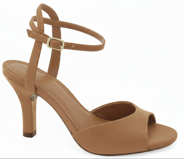 A tan open-toe high heel sandal with an ankle strap and gold buckle, shown from a side profile on a white background.