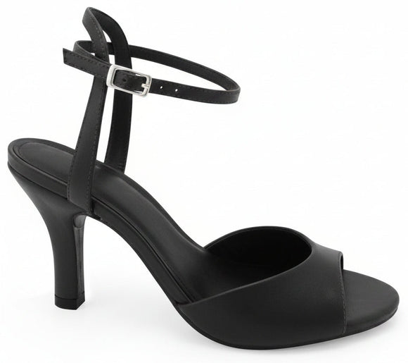 A single black leather high-heeled sandal with an ankle strap and a gold buckle, shown from a side profile on a white background.