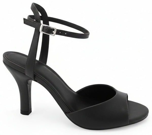 A single black leather high-heeled sandal with an ankle strap and a gold buckle, shown from a side profile on a white background.