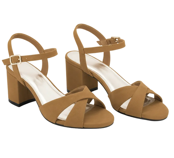 A pair of tan block-heel sandals with crisscross front straps and ankle straps, shown on a clean white background.