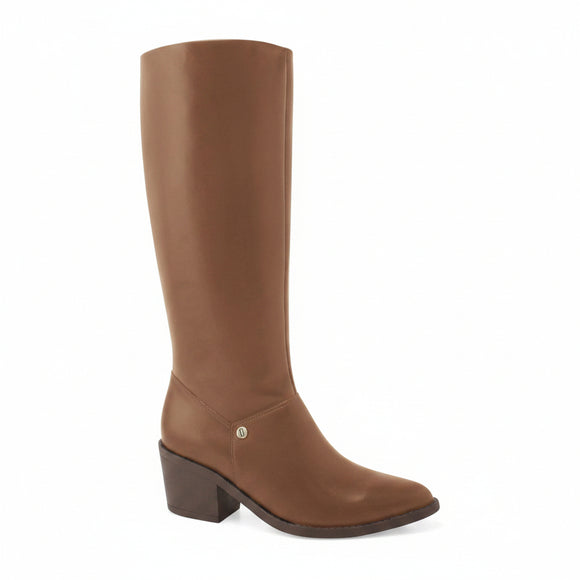 A brown knee-high leather boot with a low block heel and a small silver button accent, shown against a plain white background with a 'Genuine Leather' badge in the top right corner.