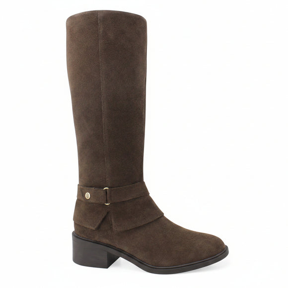 A dark brown suede knee-high riding boot with a buckle strap at the ankle, shown against a plain white background with a 'Genuine Leather' graphic in the top right corner.