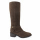 A dark brown suede knee-high riding boot with a buckle strap at the ankle, shown against a plain white background with a 'Genuine Leather' graphic in the top right corner.
