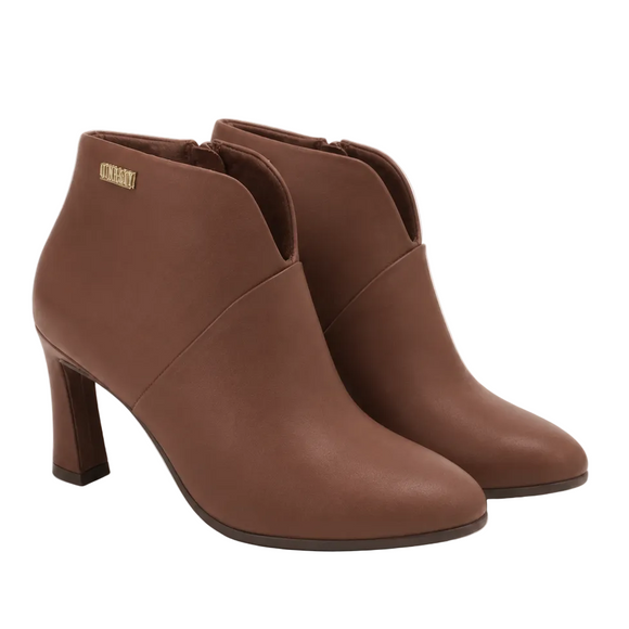 A pair of women's brown leather ankle boots with a mid-height block heel, shown on a clean white background.