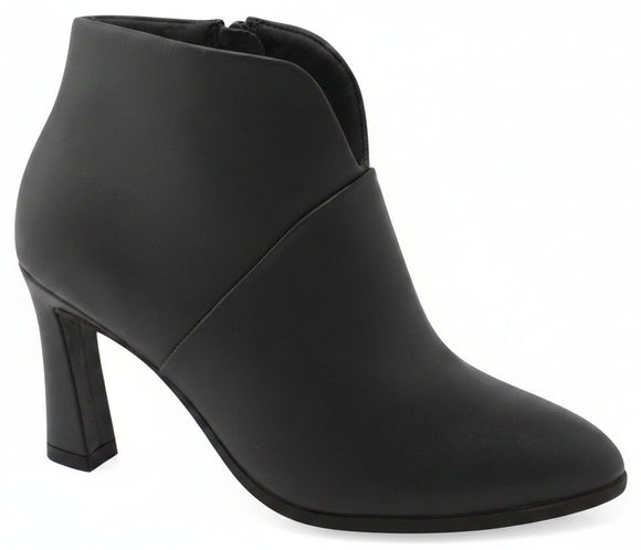 A black leather ankle boot with a block heel and a small gold-tone brand plaque on the side, shown against a white background with a 'Genuine Leather' graphic overlay in the top right.