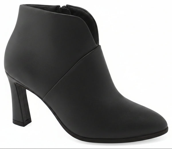 A black leather ankle boot with a block heel and a small gold-tone brand plaque on the side, shown against a white background with a 'Genuine Leather' graphic overlay in the top right.