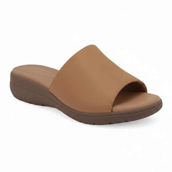 A single brown wedge slide sandal with a tan leather strap, shown from a side profile view on a white background. A 'Genuine Leather' badge is visible in the top right corner.