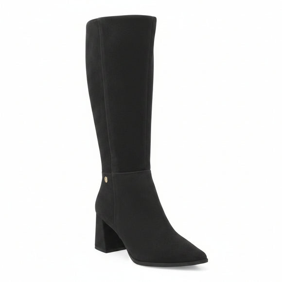 A black knee-high suede boot with a block heel and a small gold button accent near the ankle, shown on a white background with a 'Genuine Leather' graphic in the top right corner.