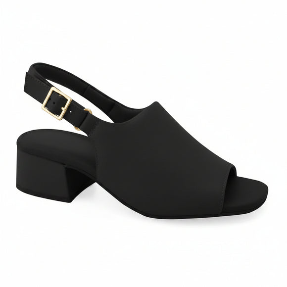 A black slingback block-heel sandal with an open toe, shown from a side profile on a white background. A gold brand logo 'ONBSTY' is visible on the heel bed, and a 'Genuine Leather' graphic badge is in the top right corner.