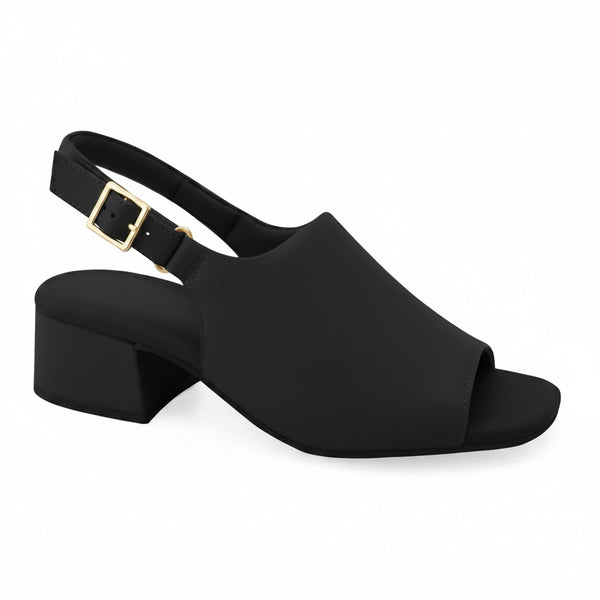 A black slingback block-heel sandal with an open toe, shown from a side profile on a white background. A gold brand logo 'ONBSTY' is visible on the heel bed, and a 'Genuine Leather' graphic badge is in the top right corner.