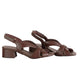 A pair of women's brown leather slingback sandals with a block heel and criss-cross front straps, displayed on a reflective white surface against a white background.