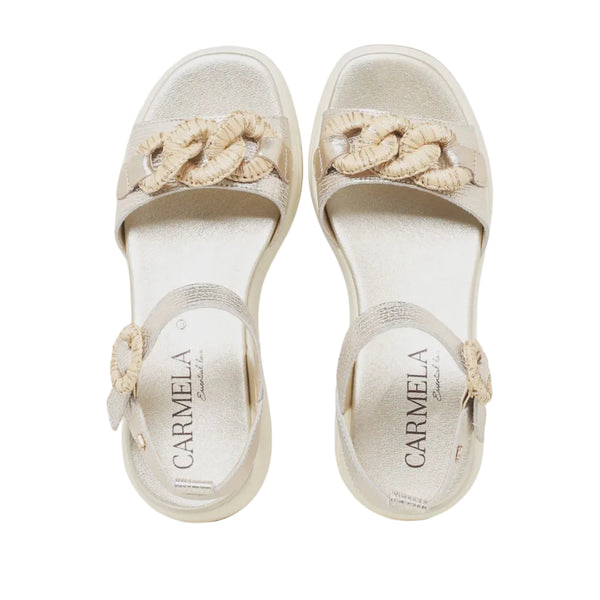Carmela gold wedge sandals with braided details from Via Veneto Shoes