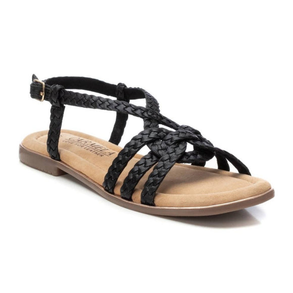 Carmela Flat Leather Sandal 162388 with braided leather straps, ankle buckle, and non-slip sole from Myshoeshop.co.za