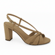 A single tan block-heel sandal with crisscrossing front straps and a thin ankle strap with a small gold buckle, shown from a side angle on a white background.