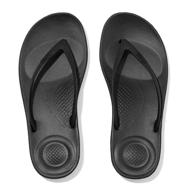 FitFlop iQushion All Black flip-flops, top view of the pair