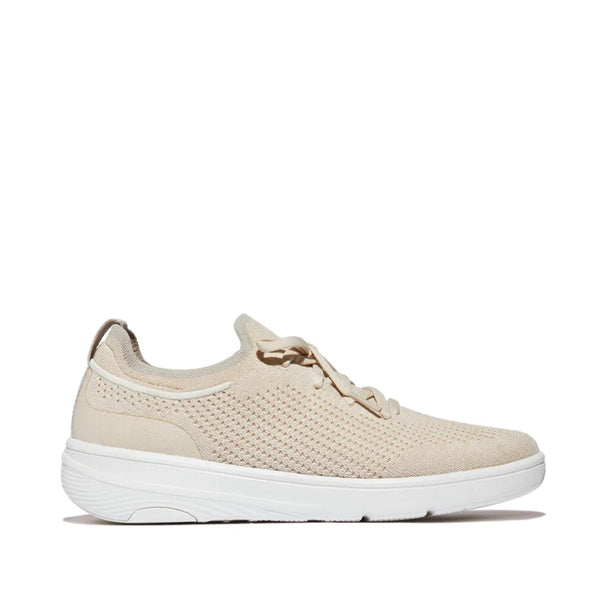 Side view of the FitFlop Super-Q Paris Beige knit slip-on laced sneaker with a white cushioned sole.