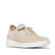 FitFlop Super-Q Paris Beige knit laced sneaker with white sole and heel pull tab, angled front view.