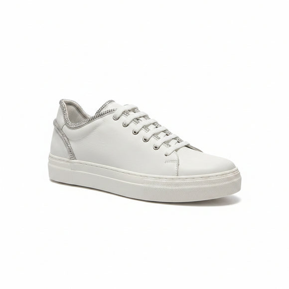 Via Veneto white leather lace-up sneaker with silver glitter trim, shown inside its shoebox.
