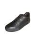 A single black leather low-top sneaker with black laces and a black sole,