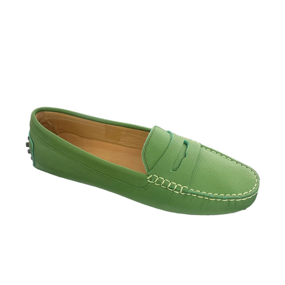 Via Veneto 6166 green leather moccasin with leather lining and rubber pebble sole