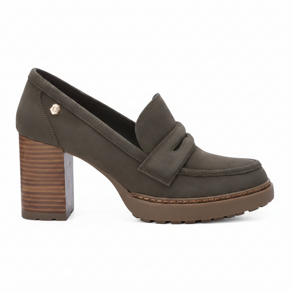 A khaki brown suede block heel shoe shown from a side angle on a white background, with text below reading 'Carmela 161137 Suede Block Heel Shoe - Khaki' and 'R 2,699.00'.