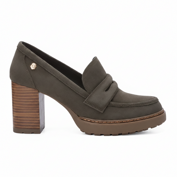 A khaki brown suede block heel shoe shown from a side angle on a white background, with text below reading 'Carmela 161137 Suede Block Heel Shoe - Khaki' and 'R 2,699.00'.