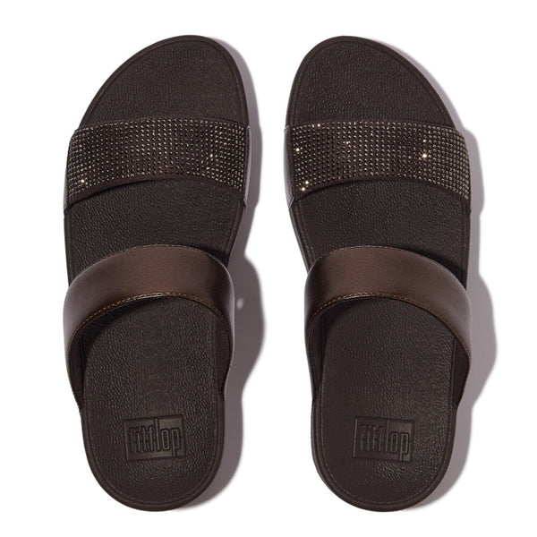 FitFlop Lulu Crystal Embellished Slide - Metallic Chocolate, pair viewed from above