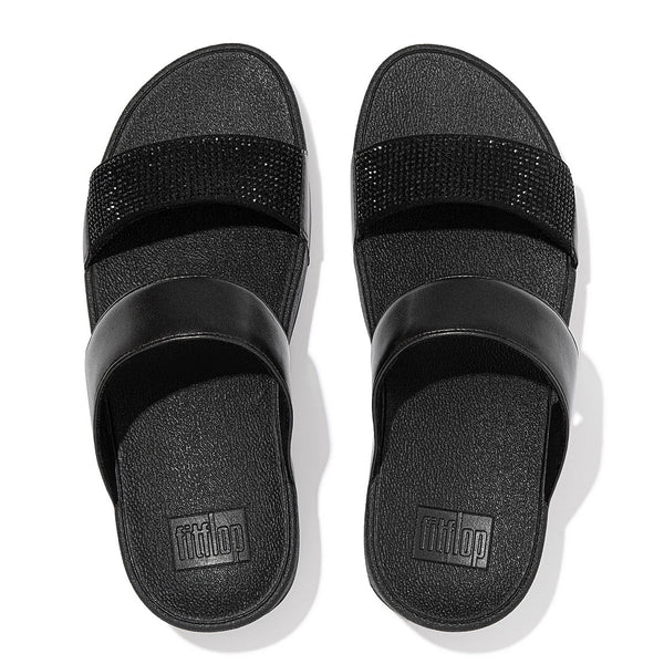 FitFlop Lulu Crystal Embellished Slide - All Black, pair viewed from above