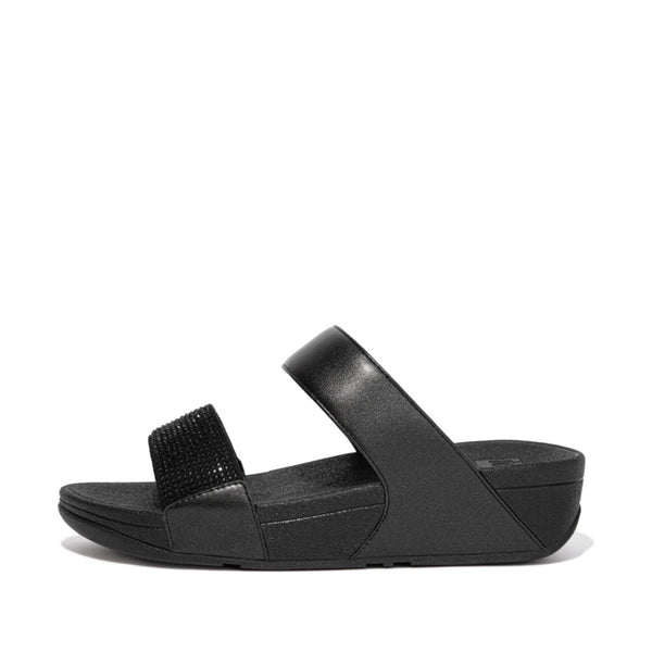 FitFlop Lulu Crystal Embellished Slide - All Black, rear three-quarter view