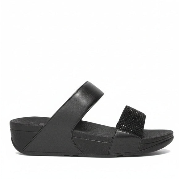 FitFlop Lulu Crystal Embellished slide in All Black with tonal crystal detail