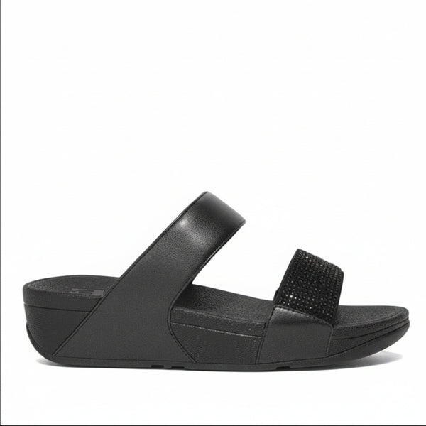FitFlop Lulu Crystal Embellished slide in All Black with tonal crystal detail