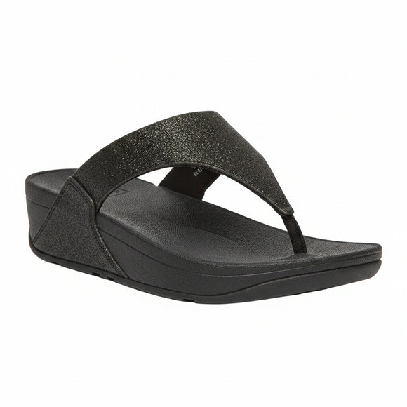 FitFlop Lulu Shimmer toe-post sandal in All Black with woven shimmer upper