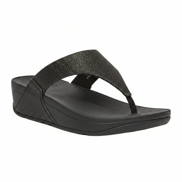 FitFlop Lulu Shimmer toe-post sandal in All Black with woven shimmer upper