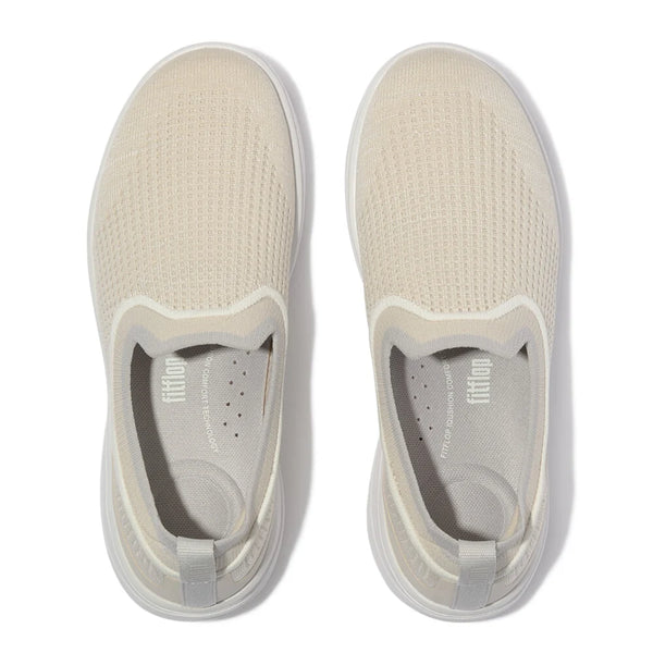 FitFlop Super-Q knit slip-on shoes in Paris Beige with breathable knit uppers and white cushioned soles.