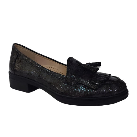 Via Veneto Leather Patent Loafer with Tassle - Black