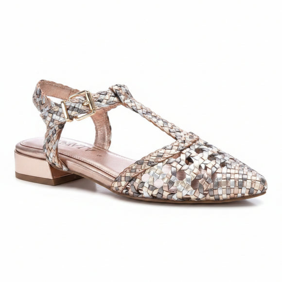 Carmela 162184 nude leather flat with pointed toe, woven upper and ankle buckle