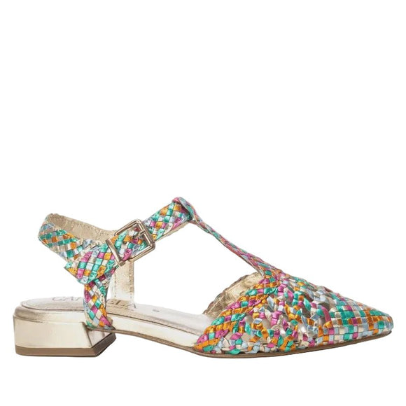 Carmela 162184 multicolour pointed woven leather flat with ankle strap