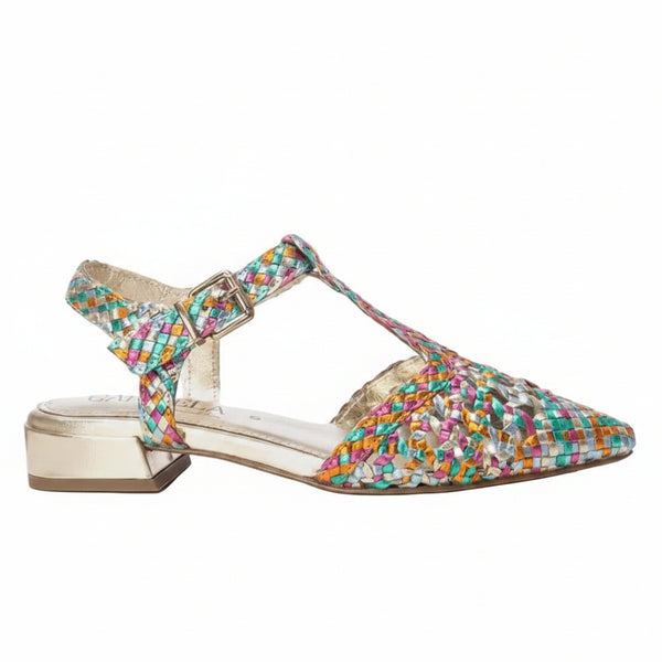 Carmela 162184 multicolour pointed woven leather flat with ankle strap