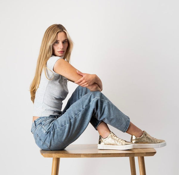 Carmela Leather Sneaker w Rosette Pattern 162058 - Gold - My Shoe Shop - Sneaker