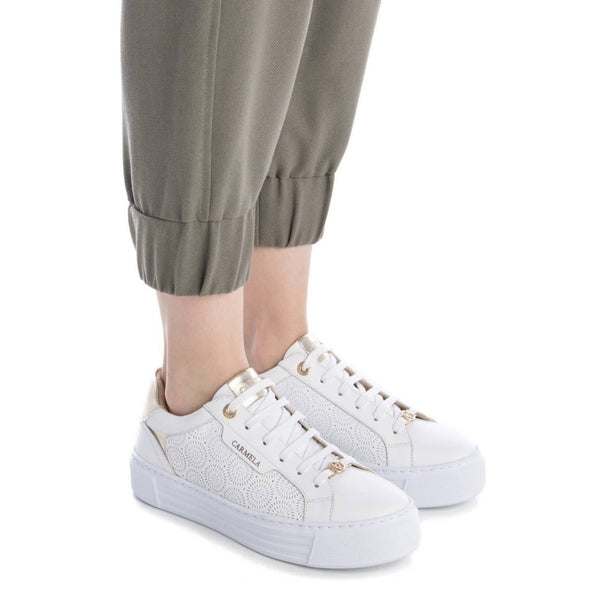 Carmela Leather Sneaker w Rosette Pattern 162058 - White - My Shoe Shop - Sneaker