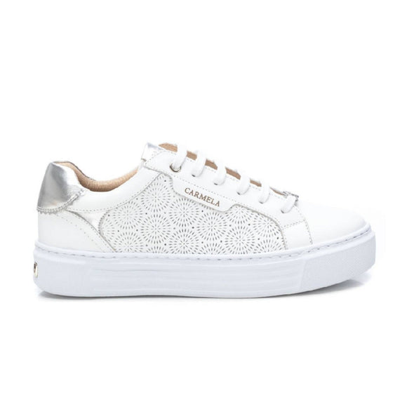 Carmela 162058 white and silver rosette leather sneaker side view