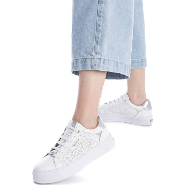 Carmela Leather Sneaker w Rosette Pattern 162058 - `White w/ Silver - My Shoe Shop - Sneaker