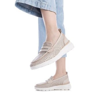Carmela Leather Wedge Moccasin with Rosette Pattern 162275 - Beige - My Shoe Shop - Moccasin